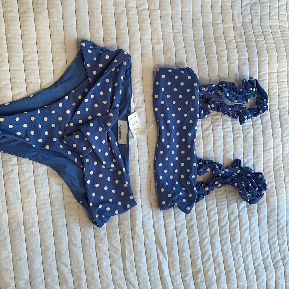 Blue and white high rise bikini with front tie- we wore what brand - xs